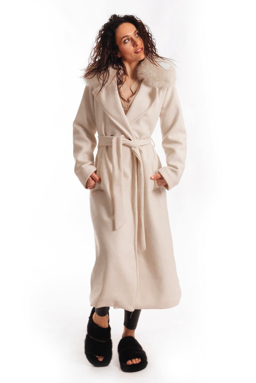 Cappotto con Cintura e Collo In Volpe Crema - Elisabettapanerai