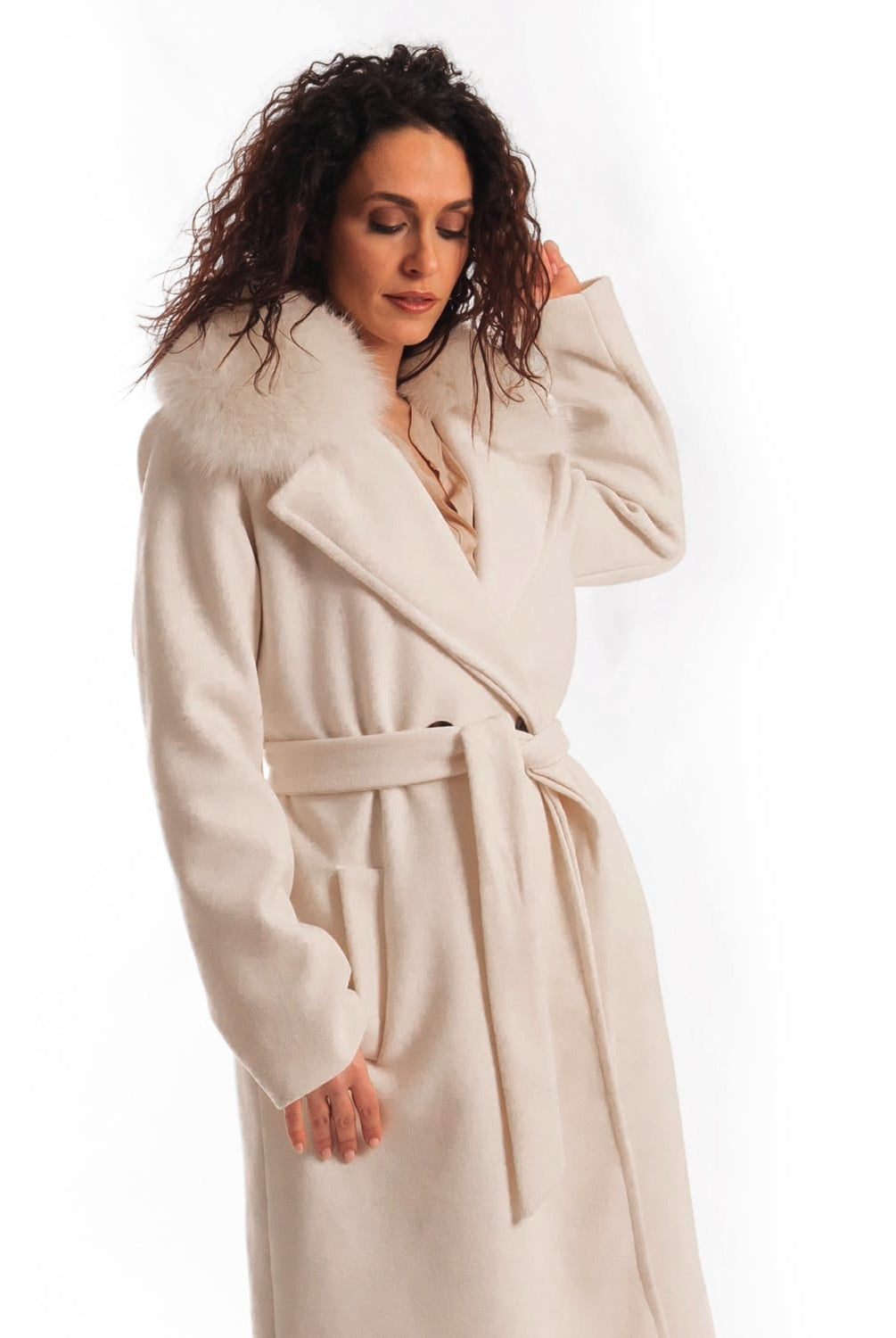 Cappotto con Cintura e Collo In Volpe Crema - Elisabettapanerai