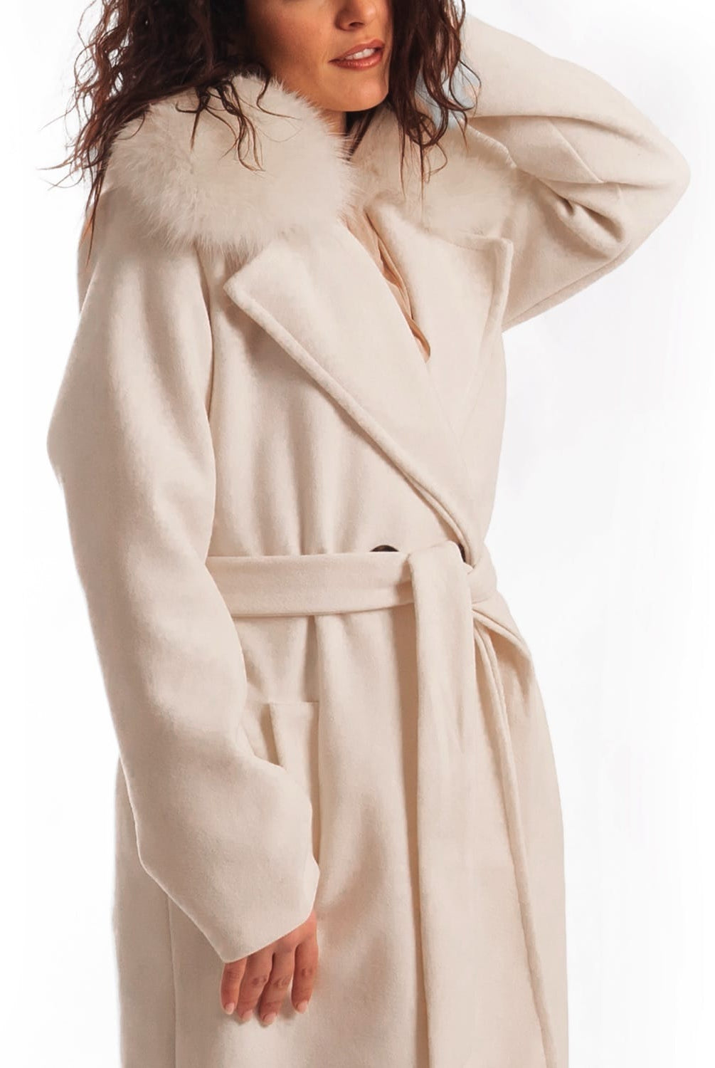 Cappotto con Cintura e Collo In Volpe Crema - Elisabettapanerai