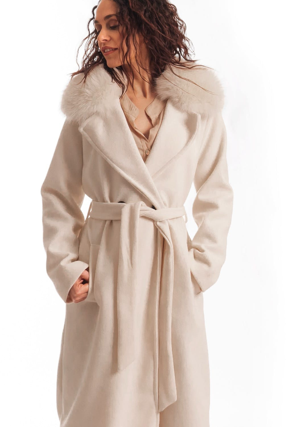 Cappotto con Cintura e Collo In Volpe Crema - Elisabettapanerai