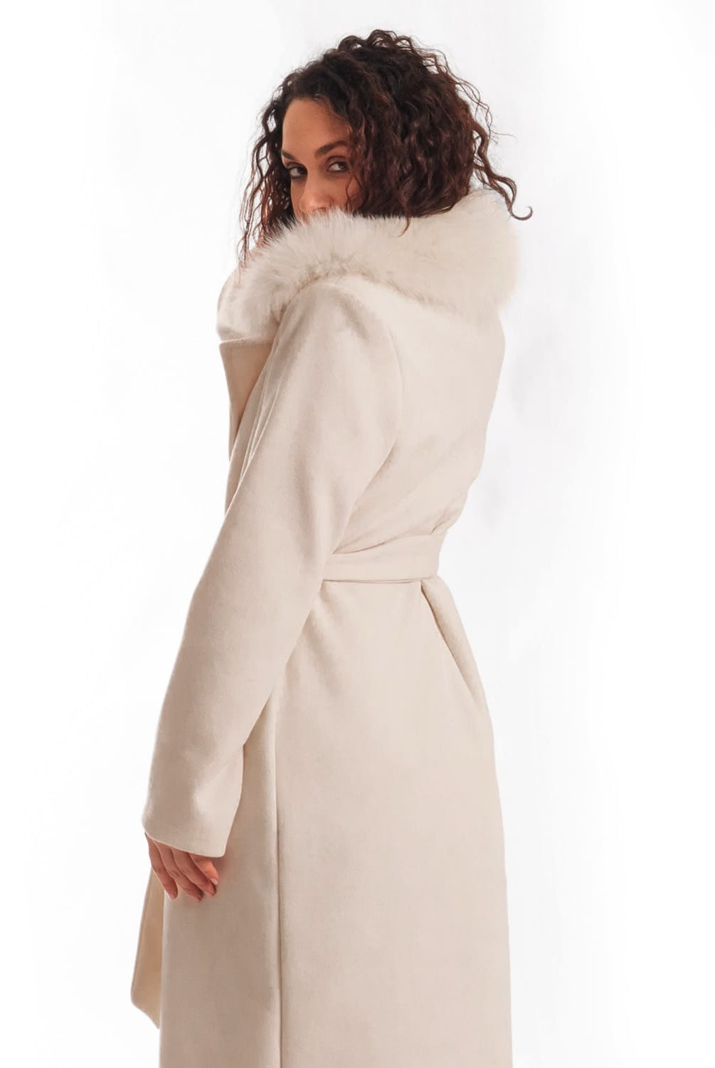 Cappotto con Cintura e Collo In Volpe Crema - Elisabettapanerai
