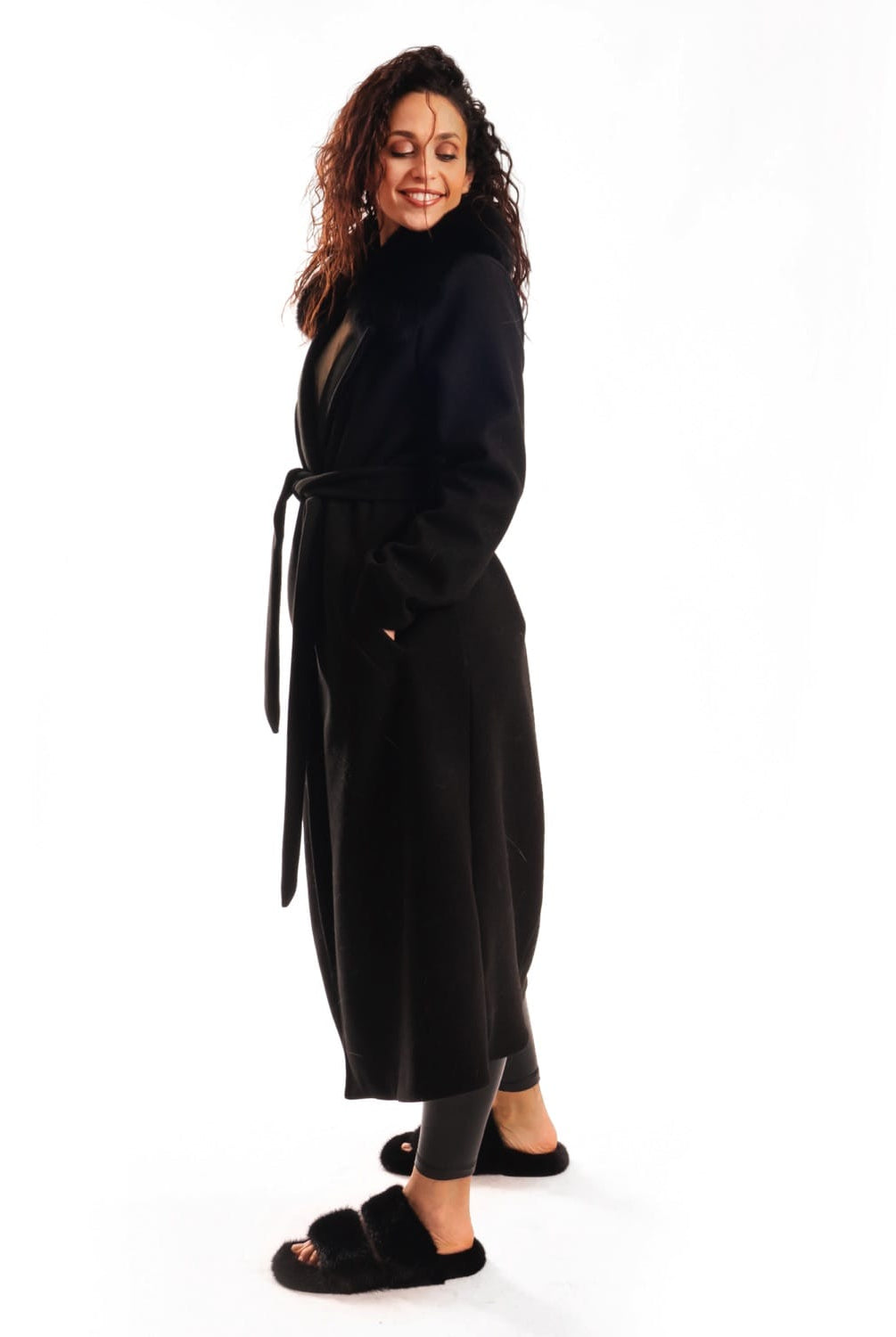 Cappotto con Cintura e Collo In Volpe Nero - Elisabettapanerai
