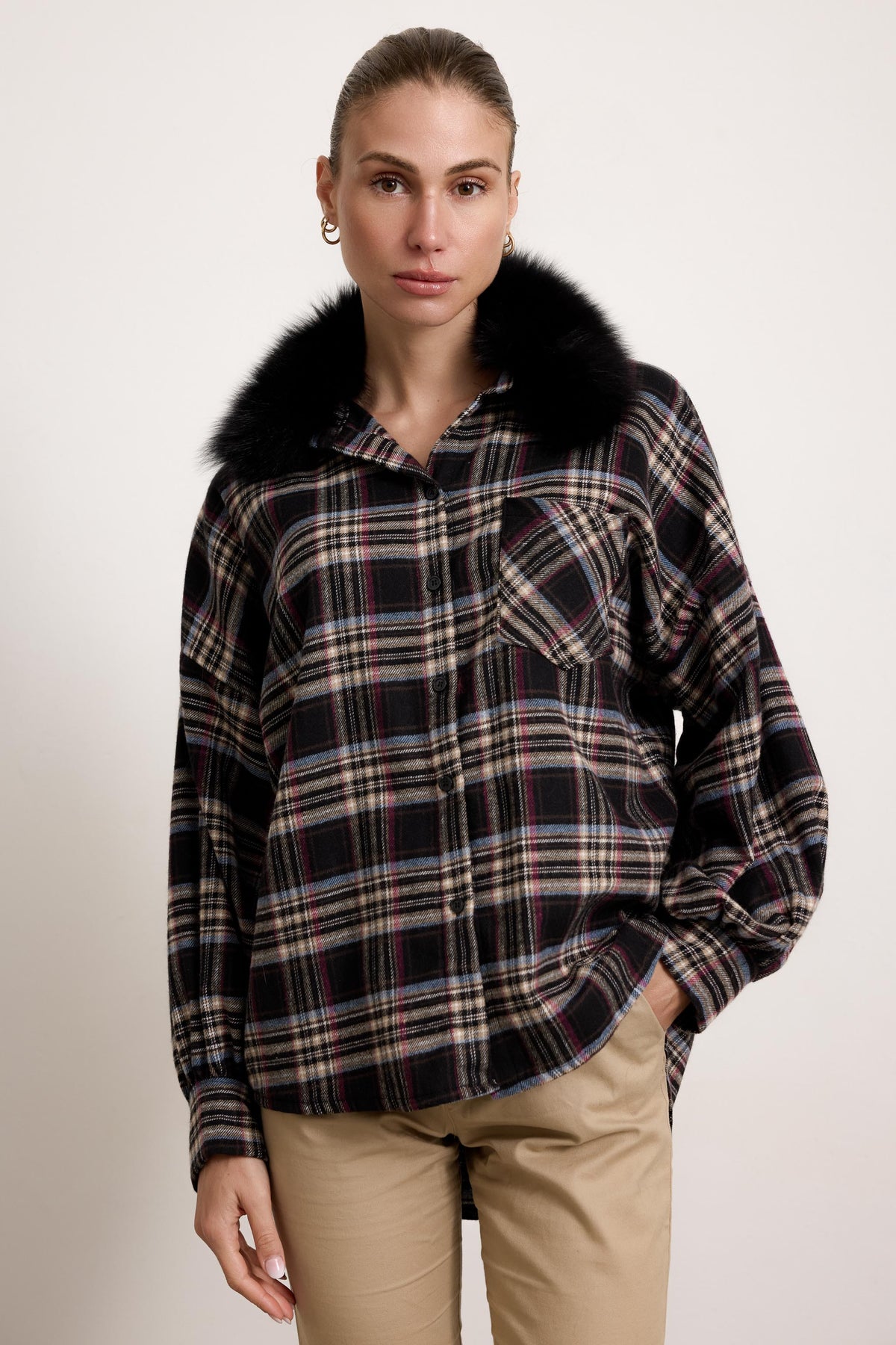 BELFAST - Camicia con colletto in pelliccia (Nero)