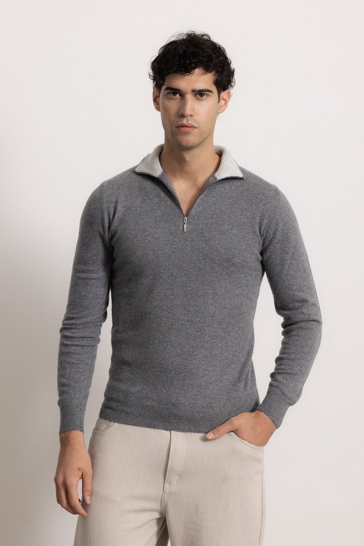 EDOARDO - Maglione con zip slim fit (Antracite/Grigio Chiaro)