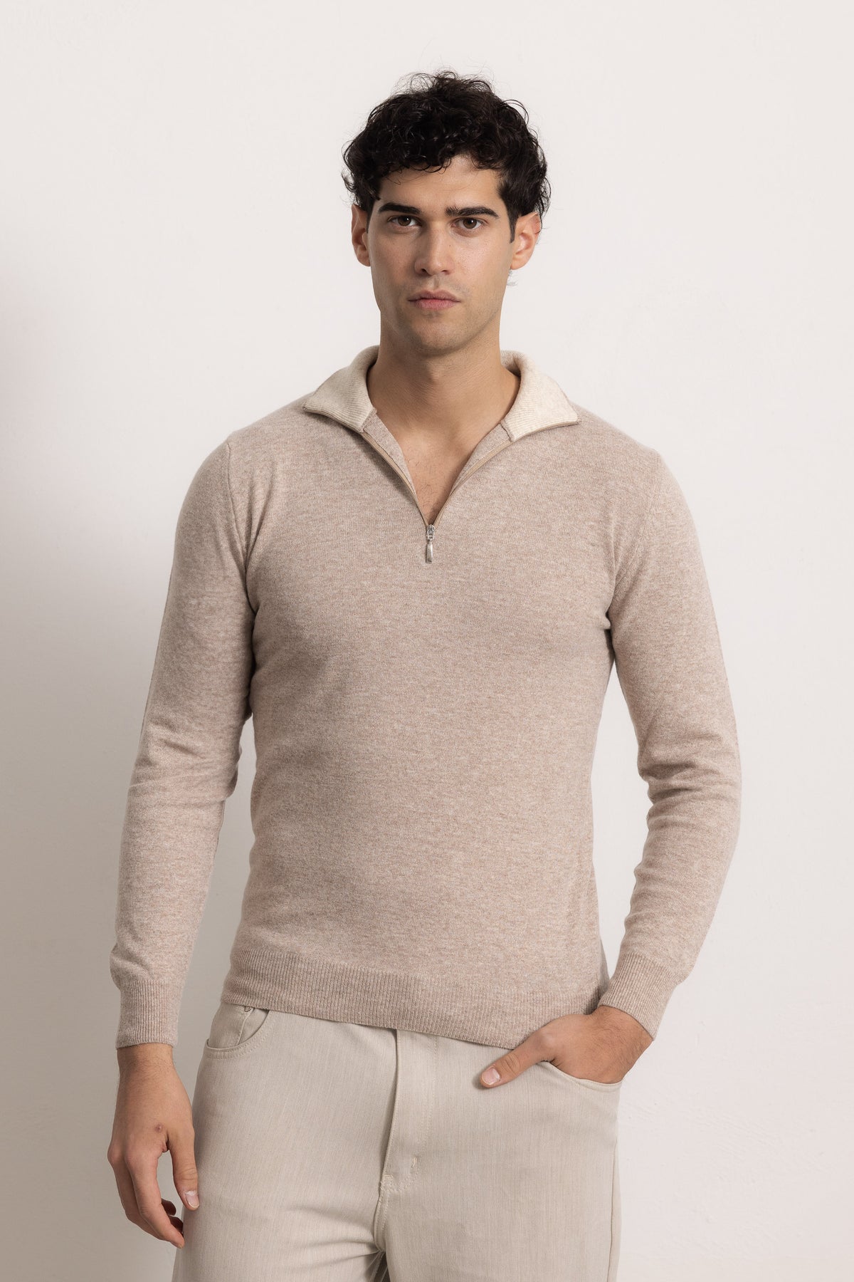 EDOARDO - Maglione con zip slim fit (Beige Medio/Beige Chiaro)