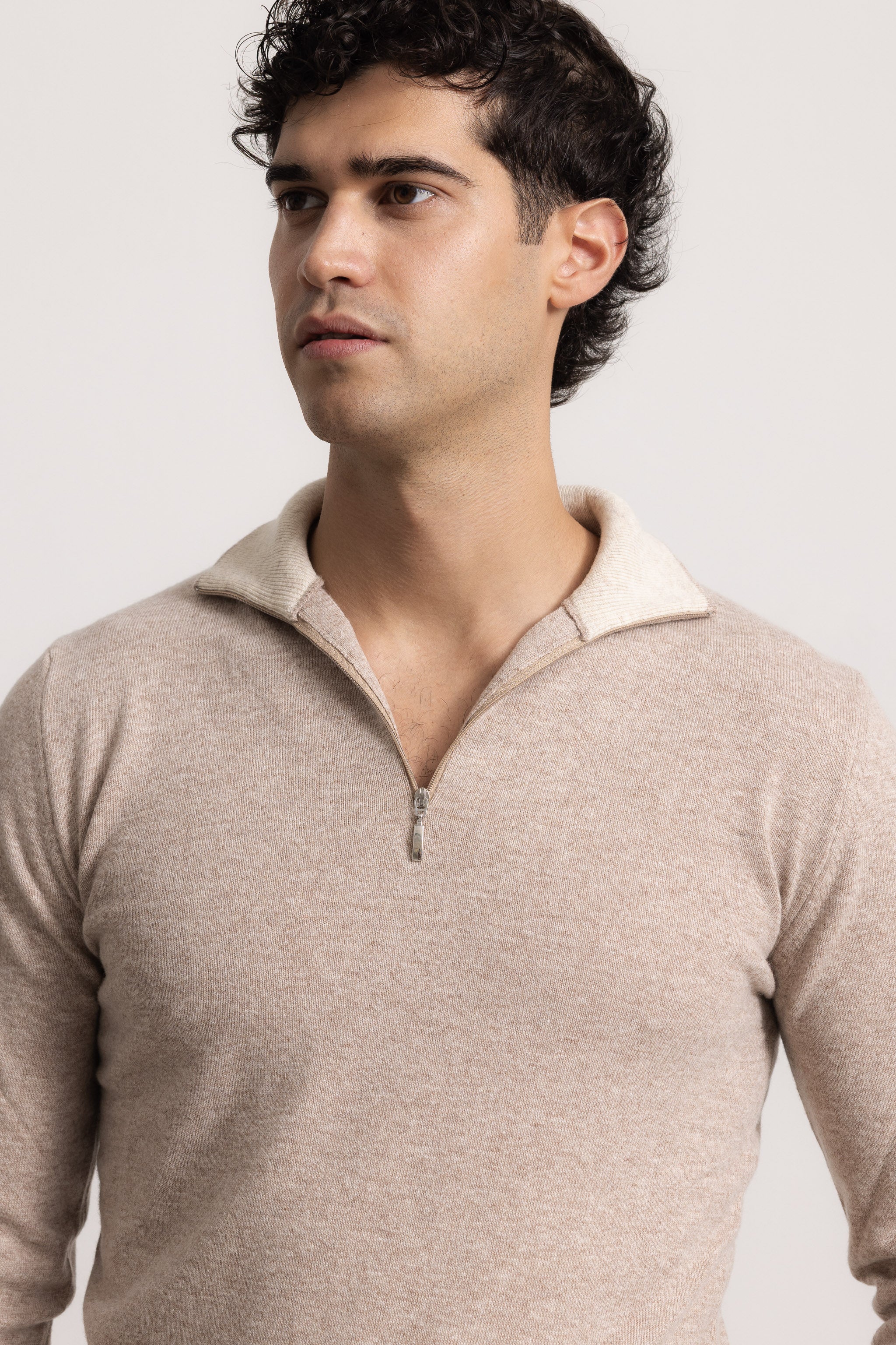 EDOARDO - Maglione con zip slim fit (Beige Medio/Beige Chiaro)