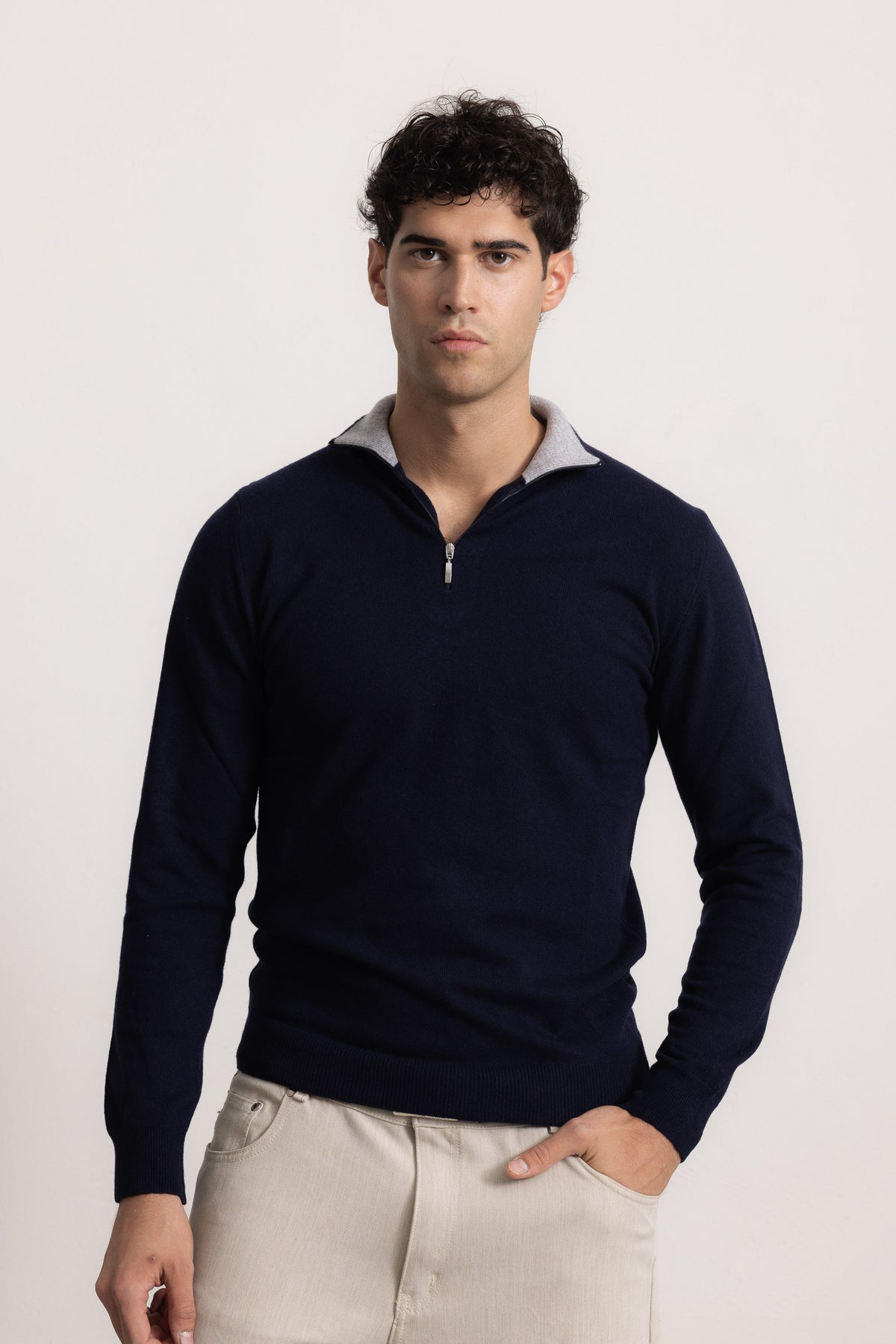 EDOARDO - Maglione con zip slim fit (Blu Navy/Grigio Medio)