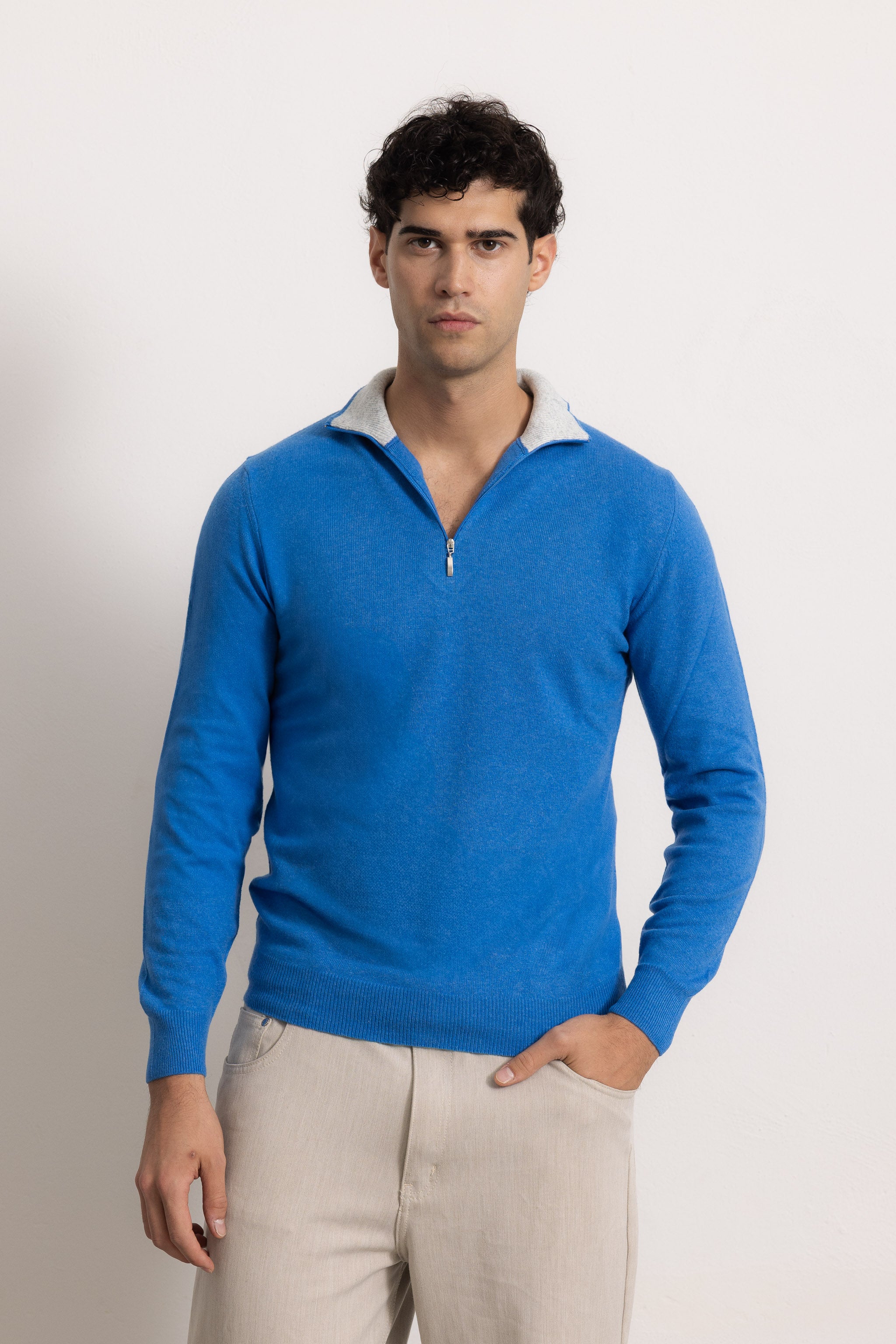 EDOARDO - Maglione con zip slim fit (Celeste Intenso/Grigio Chiaro)