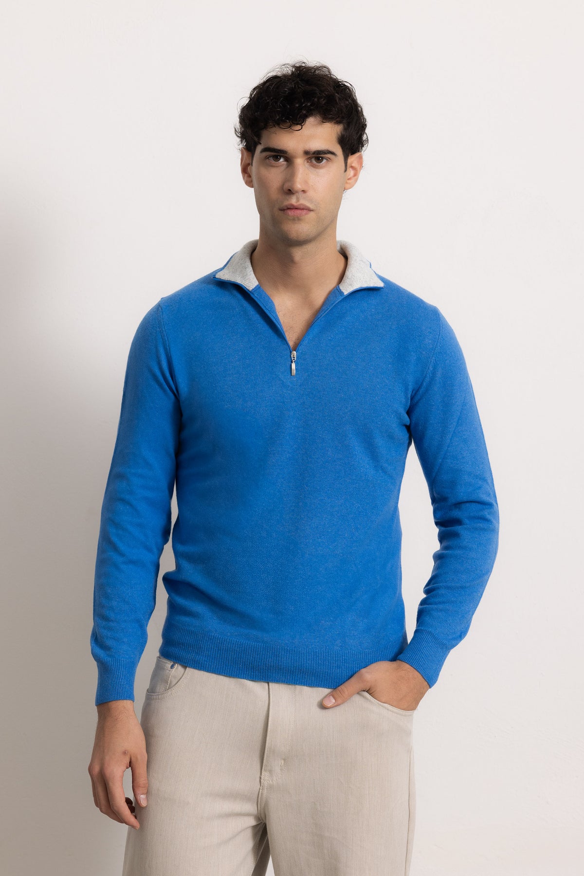 EDOARDO - Maglione con zip slim fit (Celeste Intenso/Grigio Chiaro)