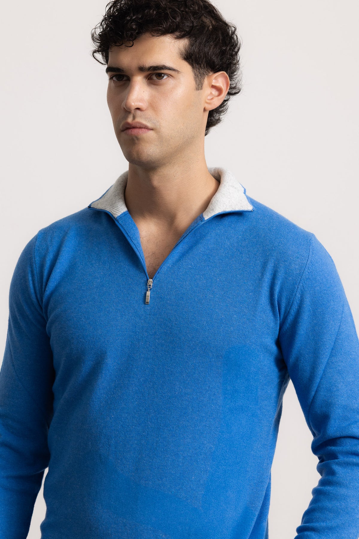 EDOARDO - Maglione con zip slim fit (Celeste Intenso/Grigio Chiaro)
