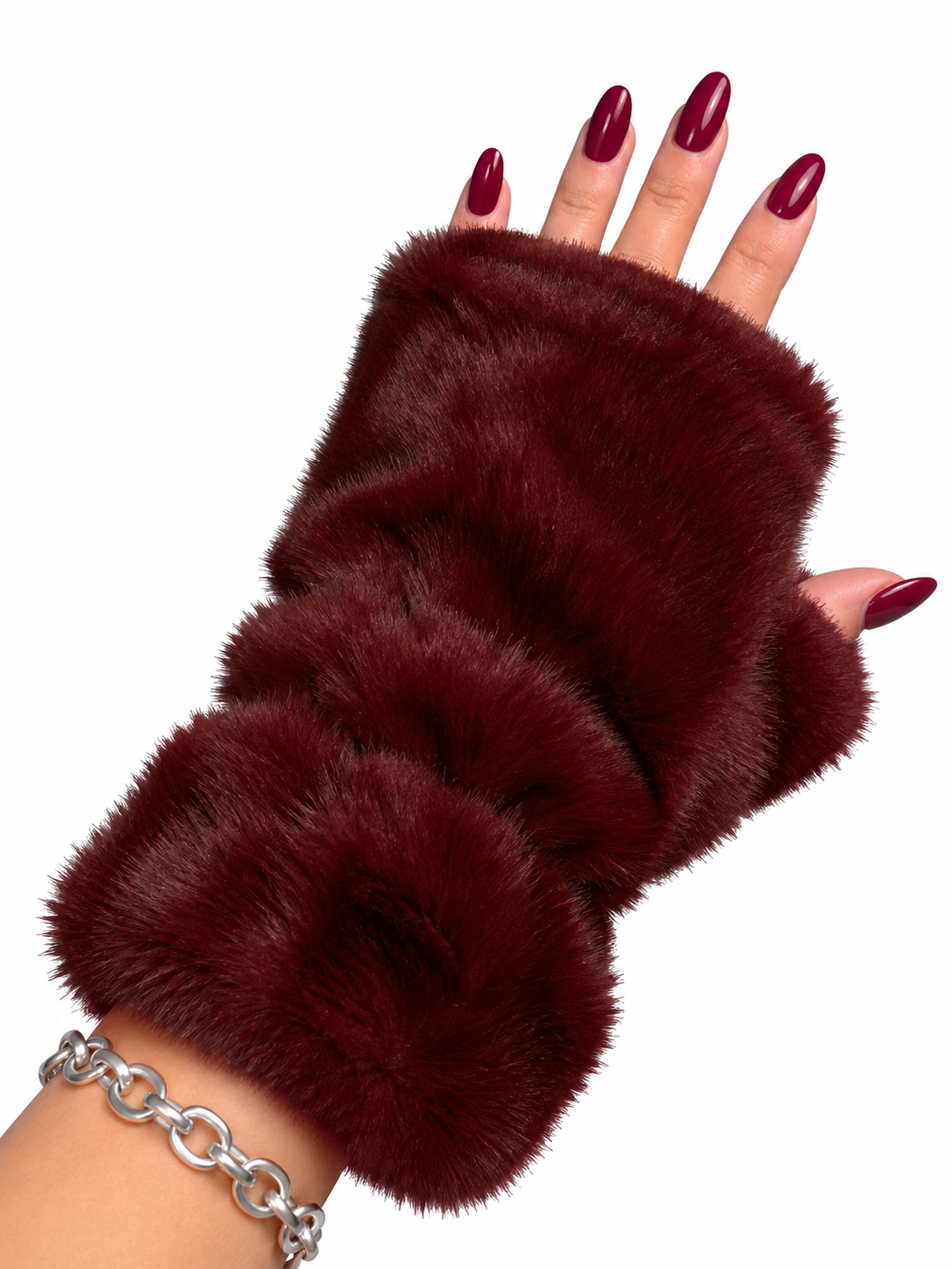 Guanti senza dita donna in ecopelliccia bordeaux con polsino voluminoso - MONTANA Elisabetta Panerai